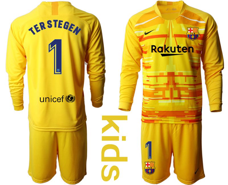 Youth 2019-2020 club Barcelona yellow goalkeeper long sleeve #1 Soccer Jerseys